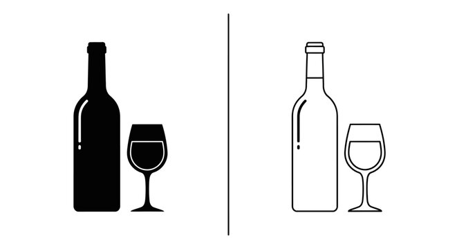 Wine bottle and glass icon set, minimalist alcohol beverage symbols, drink design elements Vector