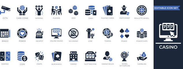 Casino gambling solid icon set for poker, lose, succeed, winning, blackjack, lottery, and luck symbols for game UI design. © Sujoy