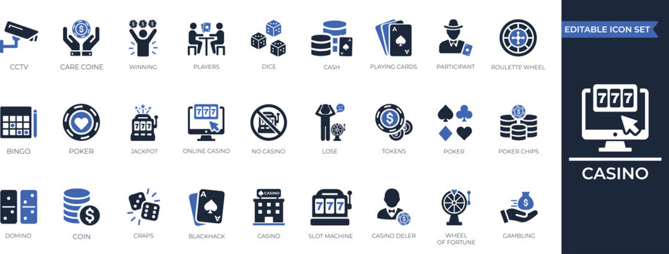 Casino gambling solid icon set for poker, lose, succeed, winning, blackjack, lottery, and luck symbols for game UI design.