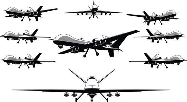 Unmanned combat aerial vehicles collection, military surveillance drones in multiple angles representing modern warfare technology, defense systems and advanced aviation capabilities operations