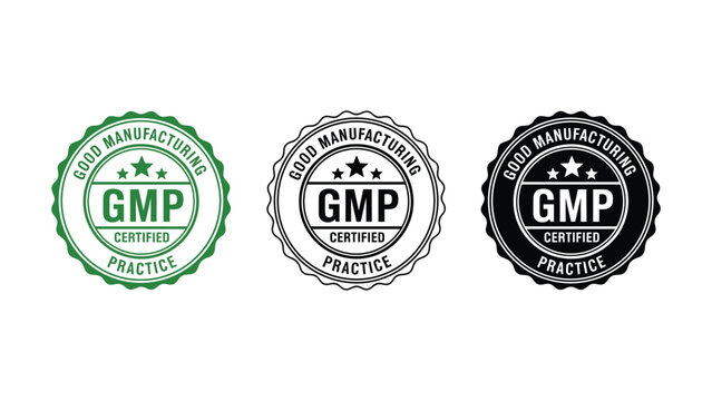 GMP certified practice badges in green, black and white vector illustration