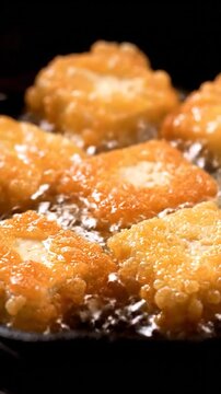 Delicious plant-based protein blocks are frying in hot oil in a cast iron pan