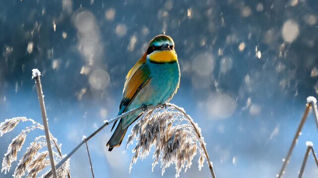 Vibrant bee-eater bird perches on frosty reed in winter landscape
