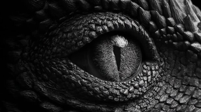 Close up of reptilian eye detailing textured scales and focused gaze