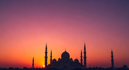 Silhouette of grand mosque against a breathtaking gradient sunset, showcasing intricate minarets and domes with a warm, vibrant orange and purple sky. ramadan