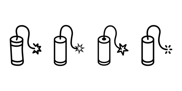 Dynamite stick vector icons. Explosive bomb with burning fuse. Detonator weapon danger symbol. Countdown and blast concept