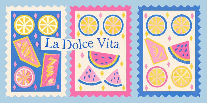 Colorful fruit themed postage stamps with la dolce vita lettering