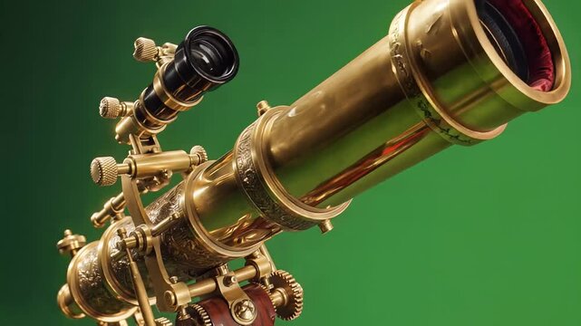 Golden antique telescope with intricate details on green background, steampunk style vintage brass spyglass