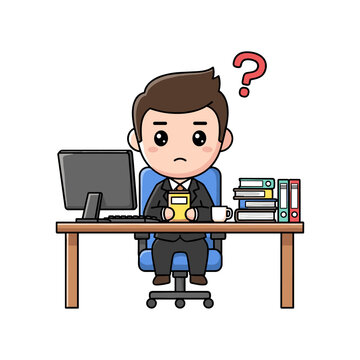Cartoon illustration of a puzzled businessman sitting at his desk with a question mark above his head, surrounded by office supplies.