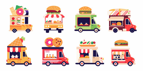 Naklejka premium Colorful food trucks offering diverse treats and tasty meals on wheels