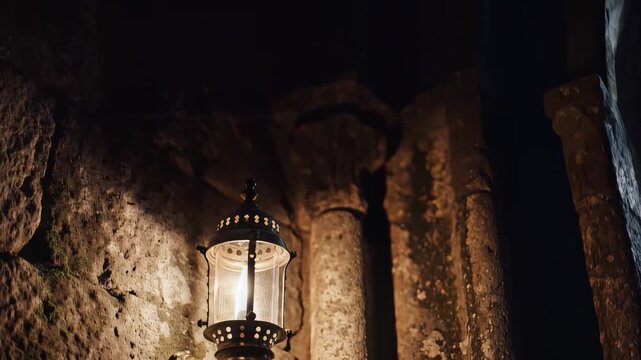 Vintage lantern light on stone wall with columns, warm glow in darkness, rustic ambiance, old architecture, historical setting