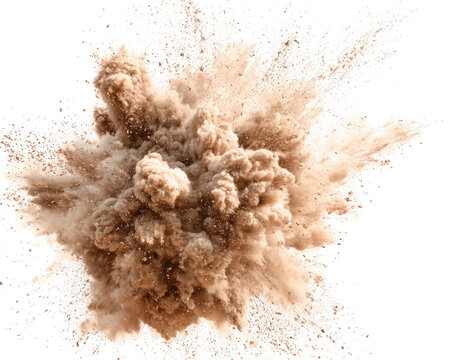 A dynamic, swirling explosion of tan dust particles against a transparent background