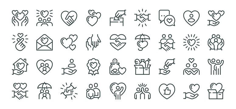 Charity giving, donate money outline icons big set. Line signs volunteering and giving support donation or symbols friendship. Thin vector pictograms pack for web infographic business social projects.