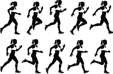 Obraz premium a collection of silhouetted female figures showcases the dynamic motion of running depicting various phases of the stride and movement