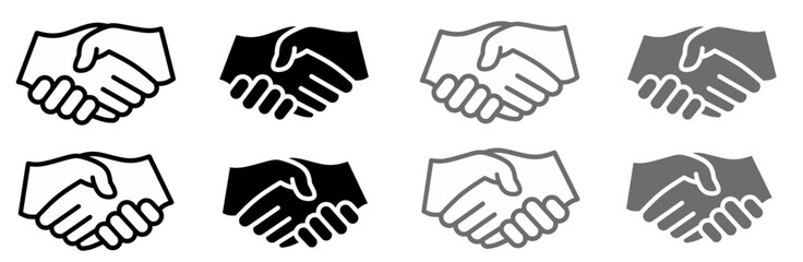 Obraz premium Handshake icon set featuring various styles including outline, solid black, and gray glyphs for business partnership and agreement concepts
