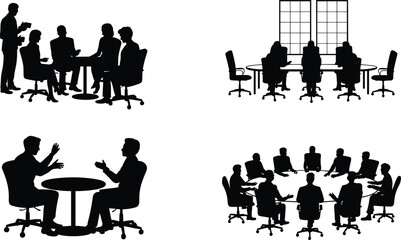 Obraz premium Business meeting and conference silhouettes illustration, corporate team discussion boardroom collaboration isolated on white background
