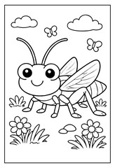 Cute cartoon smiling grasshopper insect illustration design perfect for children's coloring activity book pages © Hokyubi