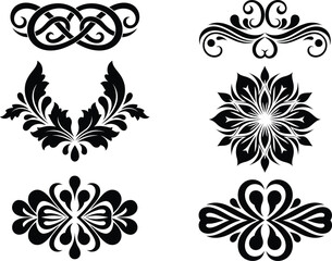 Fototapeta premium Collection of six black floral ornate designs and patterns on white background