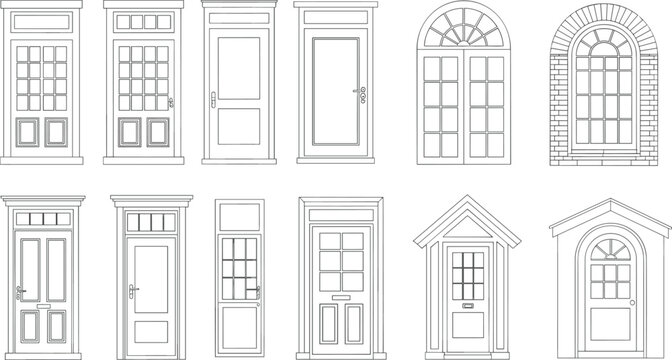 Front door and window architectural outline drawings set, classic and modern residential entrance designs, vector line collection