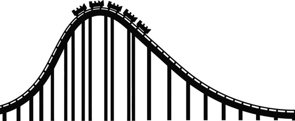 a black and white illustration depicts a rollercoaster track curving dramatically upwards and then descending with visible support beams below © mhk365