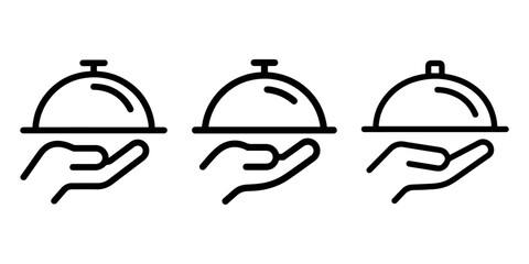 Fototapeta premium Food service platter icon set representing restaurant hospitality and dining tray with dome cover held by hand for hotel catering and professional chef