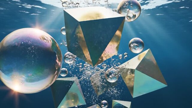 Abstract iridescent shapes and spheres float underwater with rising bubbles.