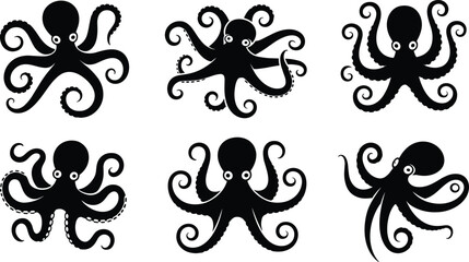 Octopus silhouettes collection in various poses, marine sea creature design set, black vector illustration