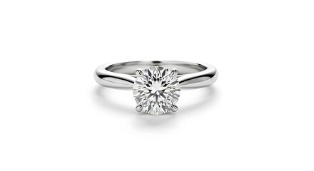 A brilliant cut diamond engagement ring with a polished white gold band is displayed under bright illumination.