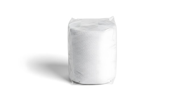 A tightly wrapped, rectangular package of white paper towels or industrial absorbent material is isolated against a stark white background.