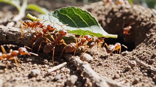 Industrious red ants carry a green leaf into their underground nest.
