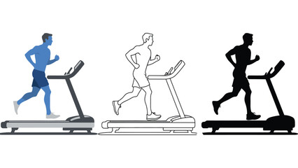 Fototapeta premium A fit man running on three different colored treadmills in a row