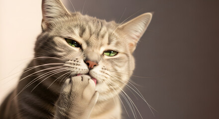 Close-up portrait of a beautiful domestic short-haired tabby cat grooming its paw with a soft, neutral background