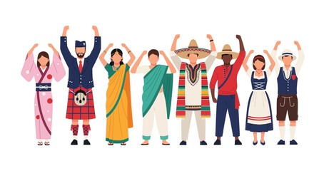 Fototapeta premium Diverse group of people from various cultures wearing traditional clothing, standing together with raised arms, symbolizing unity and global community.