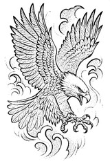 Obraz premium Detailed bald eagle sketch style vector, open wings, sharp beak and talons, coloring book style