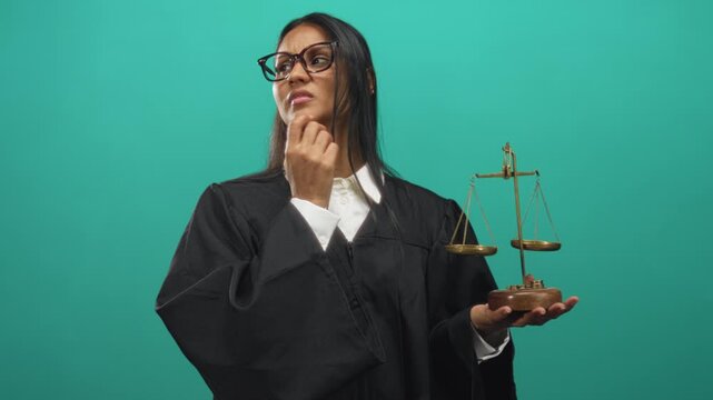 Woman judge in black robe touching chin while holding brass balance scales in teal studio set; thoughtful deliberation impartiality.