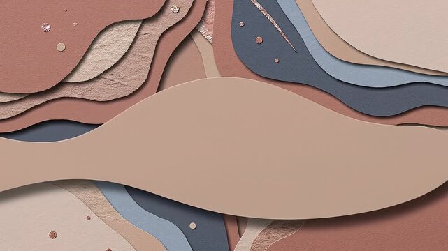 Abstract layered paper cutout design in muted earth tones with organic shapes and metallic accents for creative backgrounds