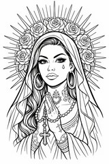 Fototapeta premium Devotional black and white illustration of a serene woman in prayer, framed by a halo of roses and radiant rays, ideal for spiritual artwork, tattoos, or religious coloring pages.