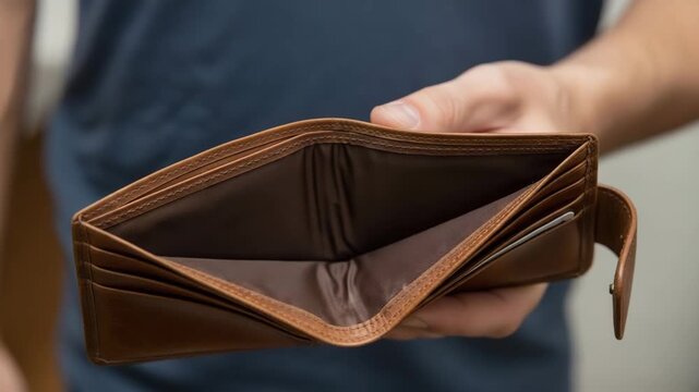 Man holding an empty brown leather wallet in indoor setting  