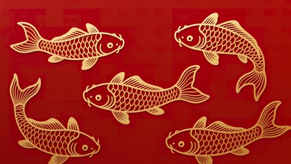 Elegant koi fish drawn in flowing gold line art, slight metallic emboss shine, matte red background, refined oriental aesthetic