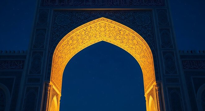 Majestic ancient ornate archway bathed in warm golden light against a deep blue twilight sky, showcasing intricate architectural details and cultural heritage. ramadan