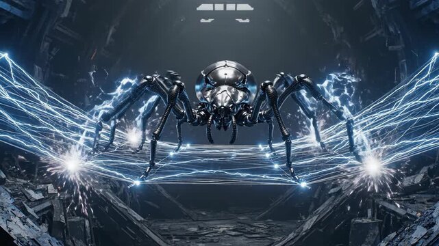 Futuristic Mechanical Spider Robot In Sci Fi Cyberpunk Environment With Blue Energy Trails