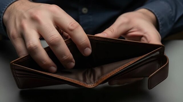 Man checking empty brown wallet with hands on black table  