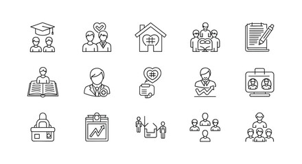 Fototapeta premium Line art icons representing life stages and achievements silhouette