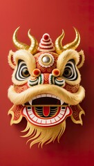 Stylized lion dance head drawn in fine golden line art, light 3D foil shine, matte red background, elegant festive poster