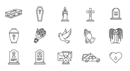 Funeral symbols and objects arranged in a minimalist outline silhouette © Rakib