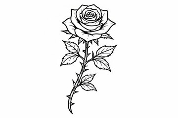 Delicate line illustration of a blooming rose on a long stem with leaves and thorns, perfect for romantic card designs, tattoos, coloring pages, or elegant stationery.