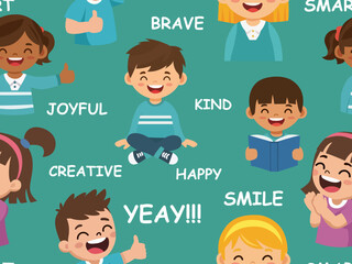 cheerful cartoon kids positive pattern seamless illustration playing hobby