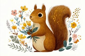A charming squirrel surrounded by vibrant flowers and lush greenery in a whimsical illustration.