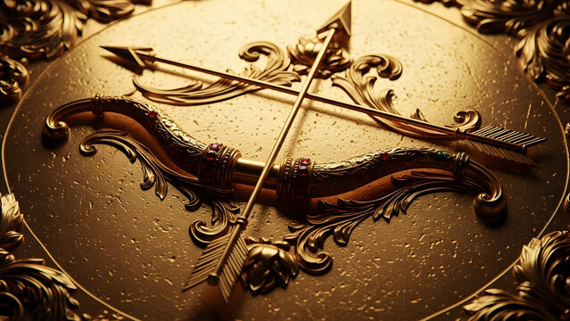 Vector design of Dhanush (bow) and arrow embossed deeply into a textured 3D gold plate. Spiritual high-detail asset. Exquisite ornamental background.
