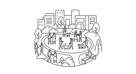 City park scene with people and buildings black outline silhouette